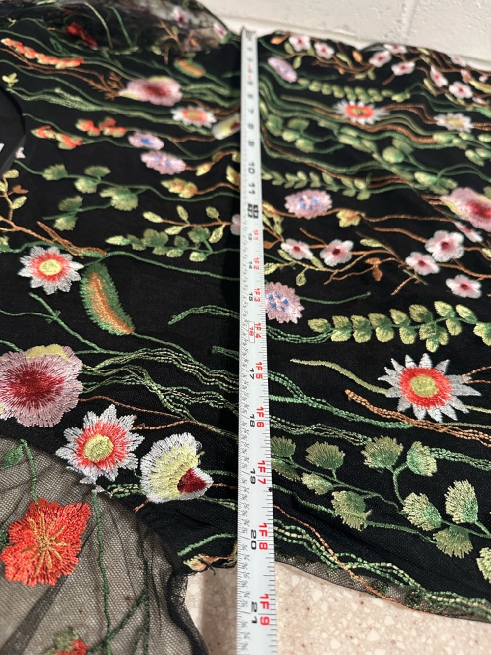 Caroline Rose Garden Walk Embroidered Tunic, sheer 3/4 sleeves black multi-color - Picture 16 of 16